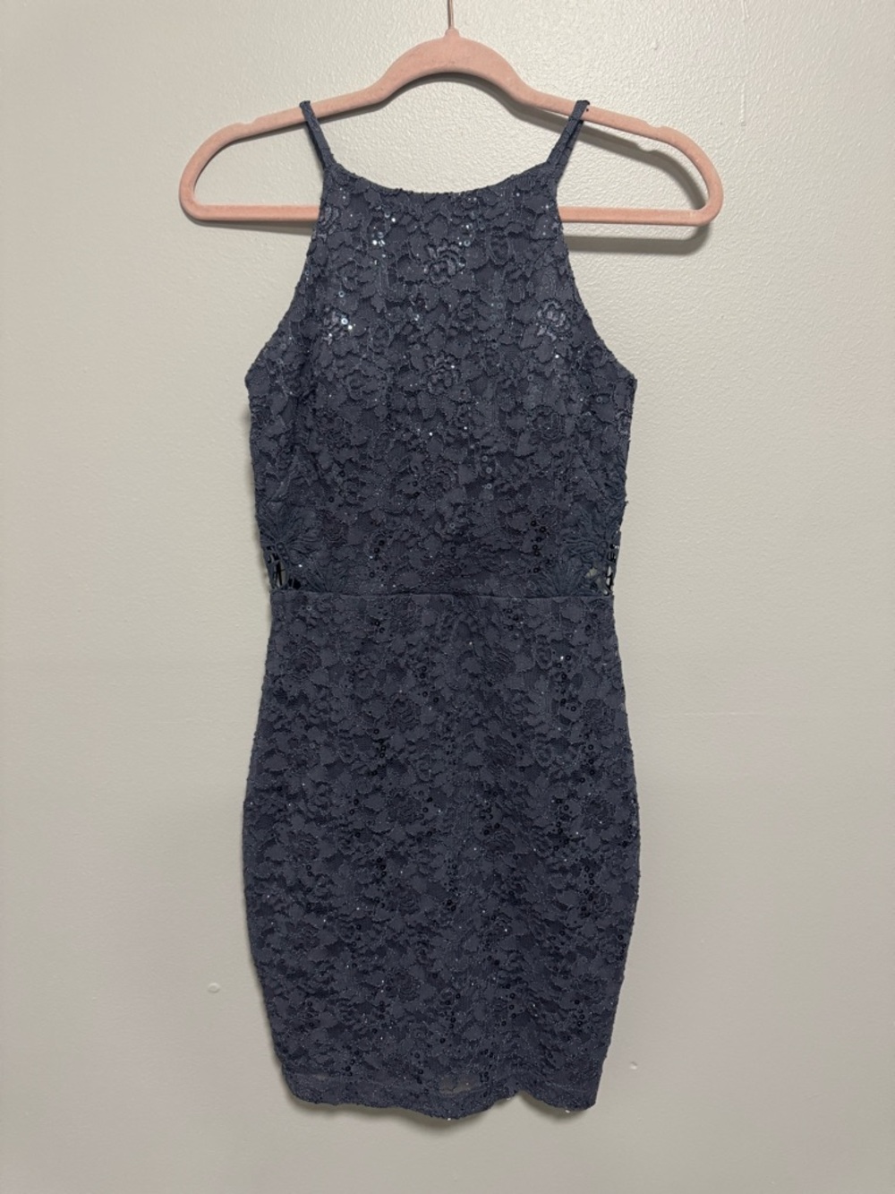 Windsor Floral Lace  Gray Halter Neck Sequin Mini Dress Side Cutouts